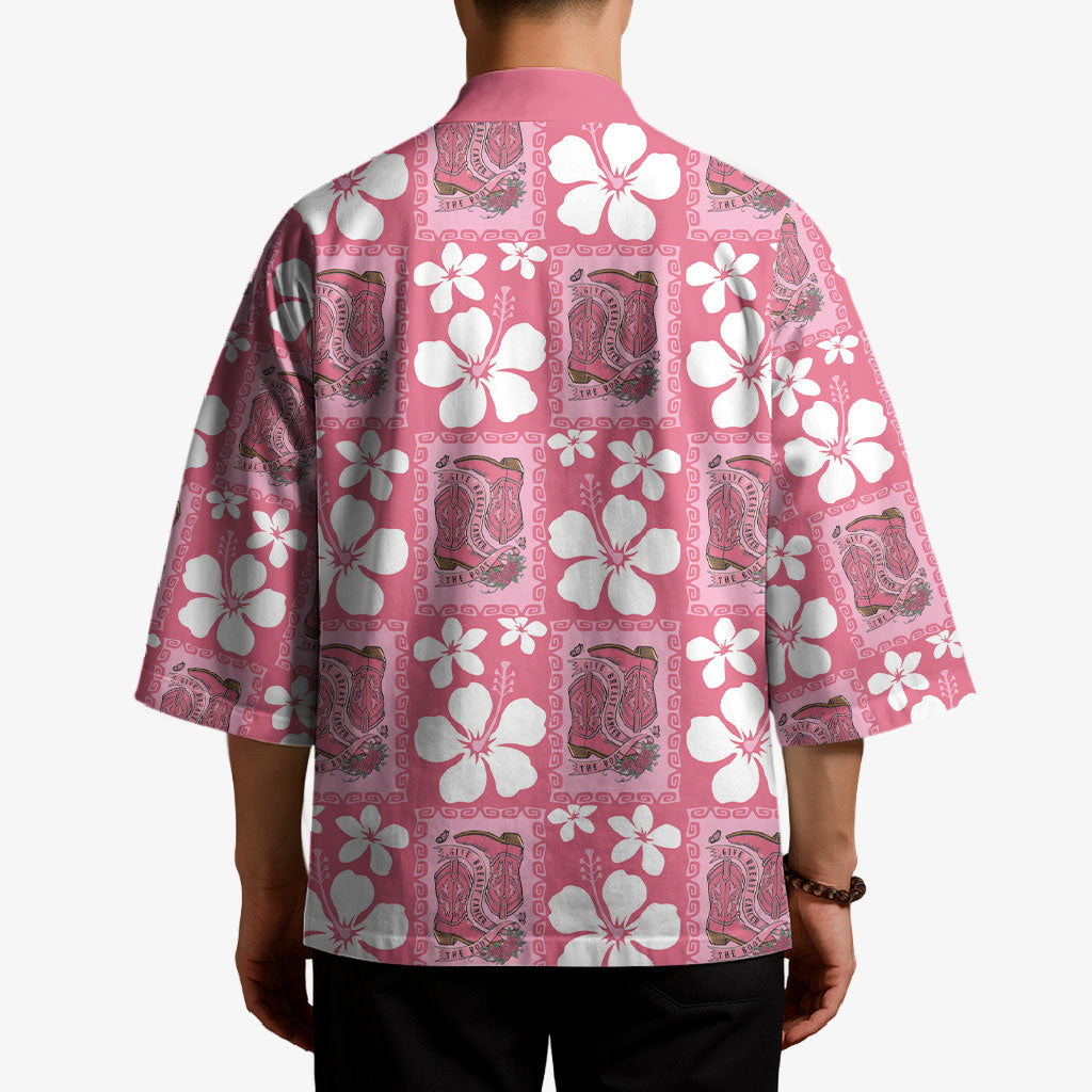 Give Cancer The Boot Pink Cowgirl Kimono Western Aloha Hibiscus Paniolo Heritage Floral LT9 - Polynesian Pride