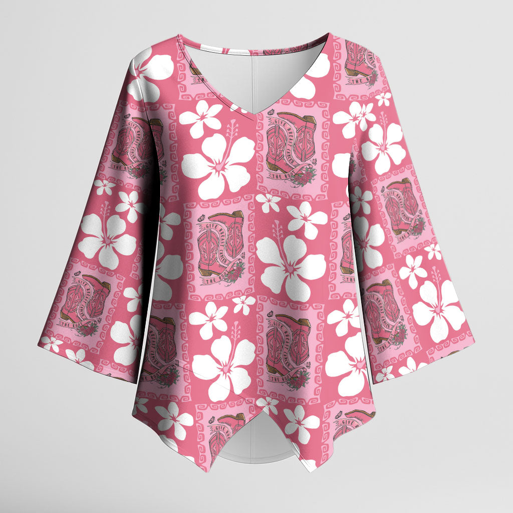 Give Cancer The Boot Pink Cowgirl Kimono Sleeve Blouse Western Aloha Hibiscus Paniolo Heritage Floral
