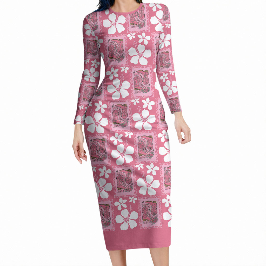 Give Cancer The Boot Pink Cowgirl Long Sleeve Bodycon Dress Western Aloha Hibiscus Paniolo Heritage Floral LT9 Long Dress Pink - Polynesian Pride