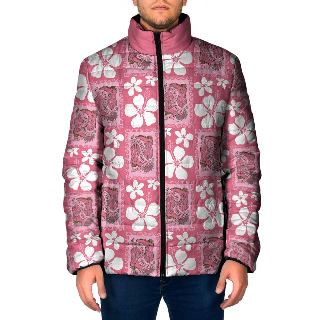 Give Cancer The Boot Pink Cowgirl Padded Jacket Western Aloha Hibiscus Paniolo Heritage Floral LT9 Men Pink - Polynesian Pride