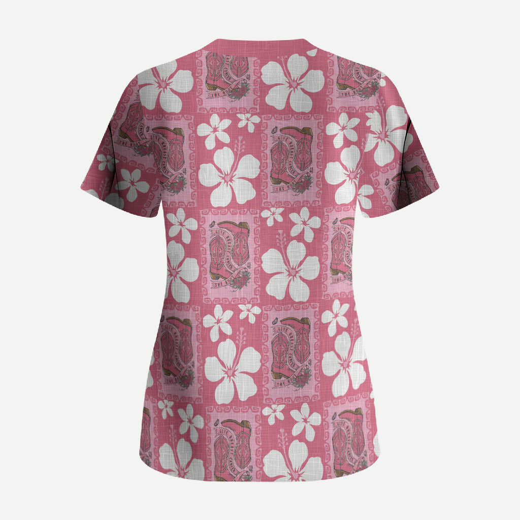 Give Cancer The Boot Pink Cowgirl Scrub Top Western Aloha Hibiscus Paniolo Heritage Floral LT9 - Polynesian Pride