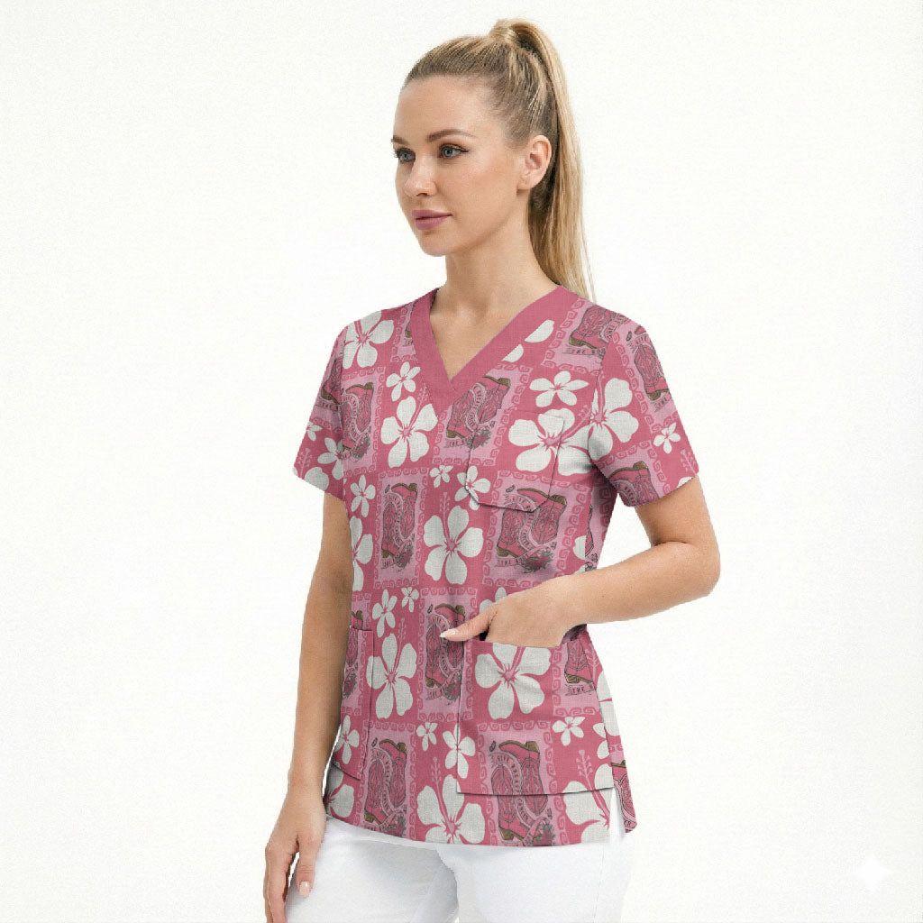 Give Cancer The Boot Pink Cowgirl Scrub Top Western Aloha Hibiscus Paniolo Heritage Floral LT9 - Polynesian Pride