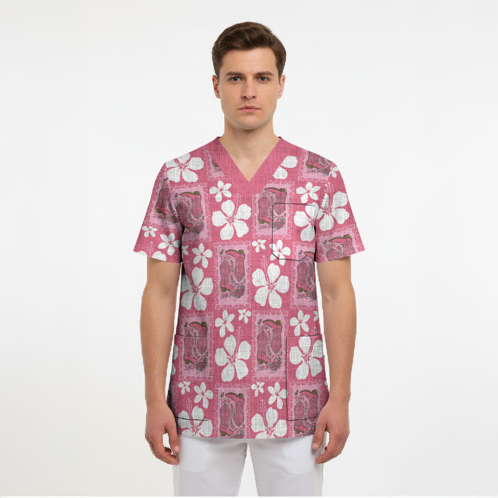 Give Cancer The Boot Pink Cowgirl Scrub Top Western Aloha Hibiscus Paniolo Heritage Floral LT9 - Polynesian Pride