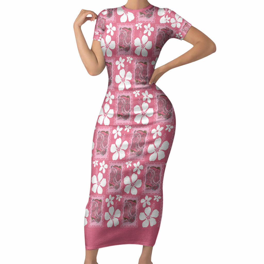 Give Cancer The Boot Pink Cowgirl Short Sleeve Bodycon Dress Western Aloha Hibiscus Paniolo Heritage Floral LT9 Long Dress Pink - Polynesian Pride