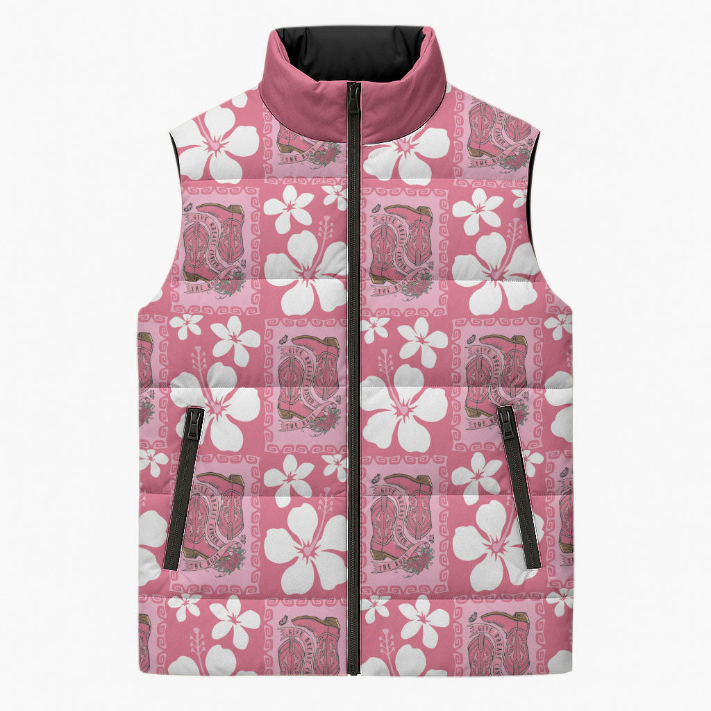 Give Cancer The Boot Pink Cowgirl Sleeveless Puffer Jacket Western Aloha Hibiscus Paniolo Heritage Floral LT9 Unisex Pink - Polynesian Pride