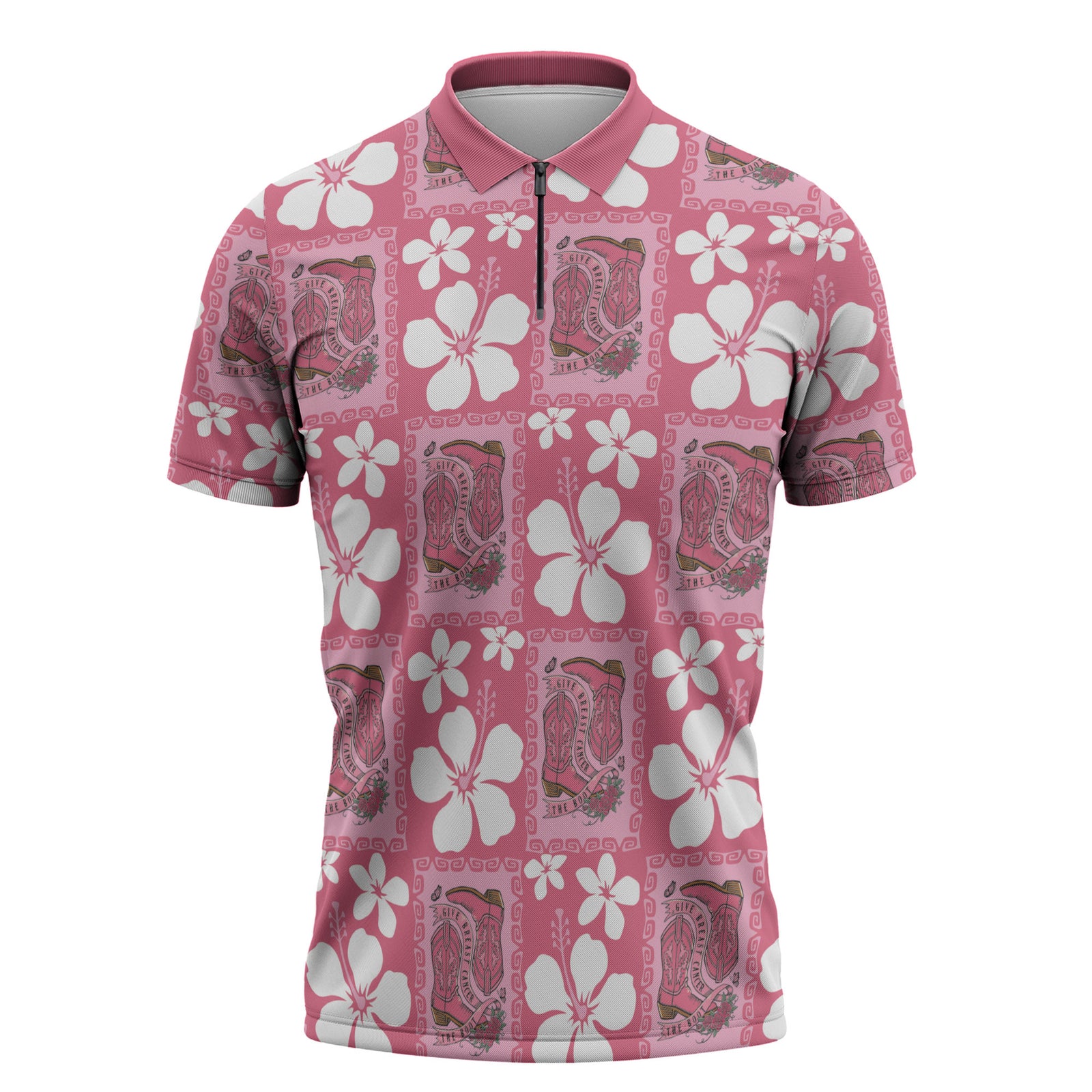 Give Cancer The Boot Pink Cowgirl Zipper Polo Shirt Western Aloha Hibiscus Paniolo Heritage Floral