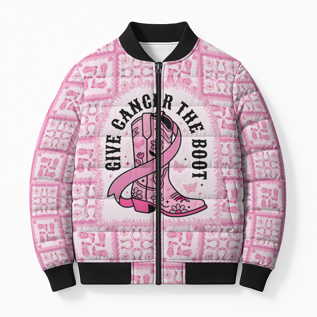 Give Cancer The Boot Pink Cowgirl Bomber Puffer Jacket Hawaiian Paniolo Mixed Quilt Pattern Style LT9 Unisex Pink - Polynesian Pride