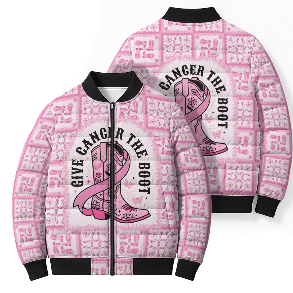 Give Cancer The Boot Pink Cowgirl Bomber Puffer Jacket Hawaiian Paniolo Mixed Quilt Pattern Style LT9 - Polynesian Pride