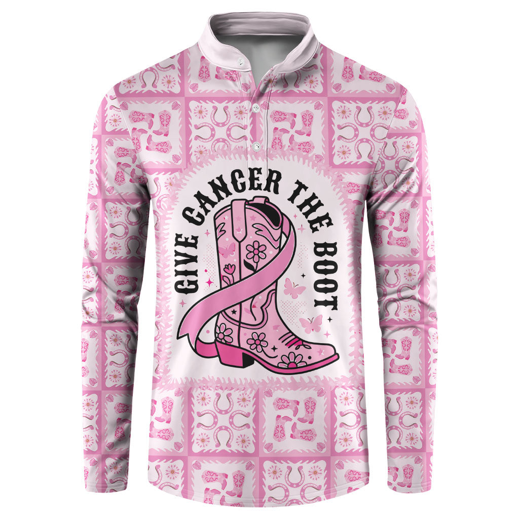 Give Cancer The Boot Pink Cowgirl Button Sweatshirt Hawaiian Paniolo Mixed Quilt Pattern Style LT9 Pink - Polynesian Pride