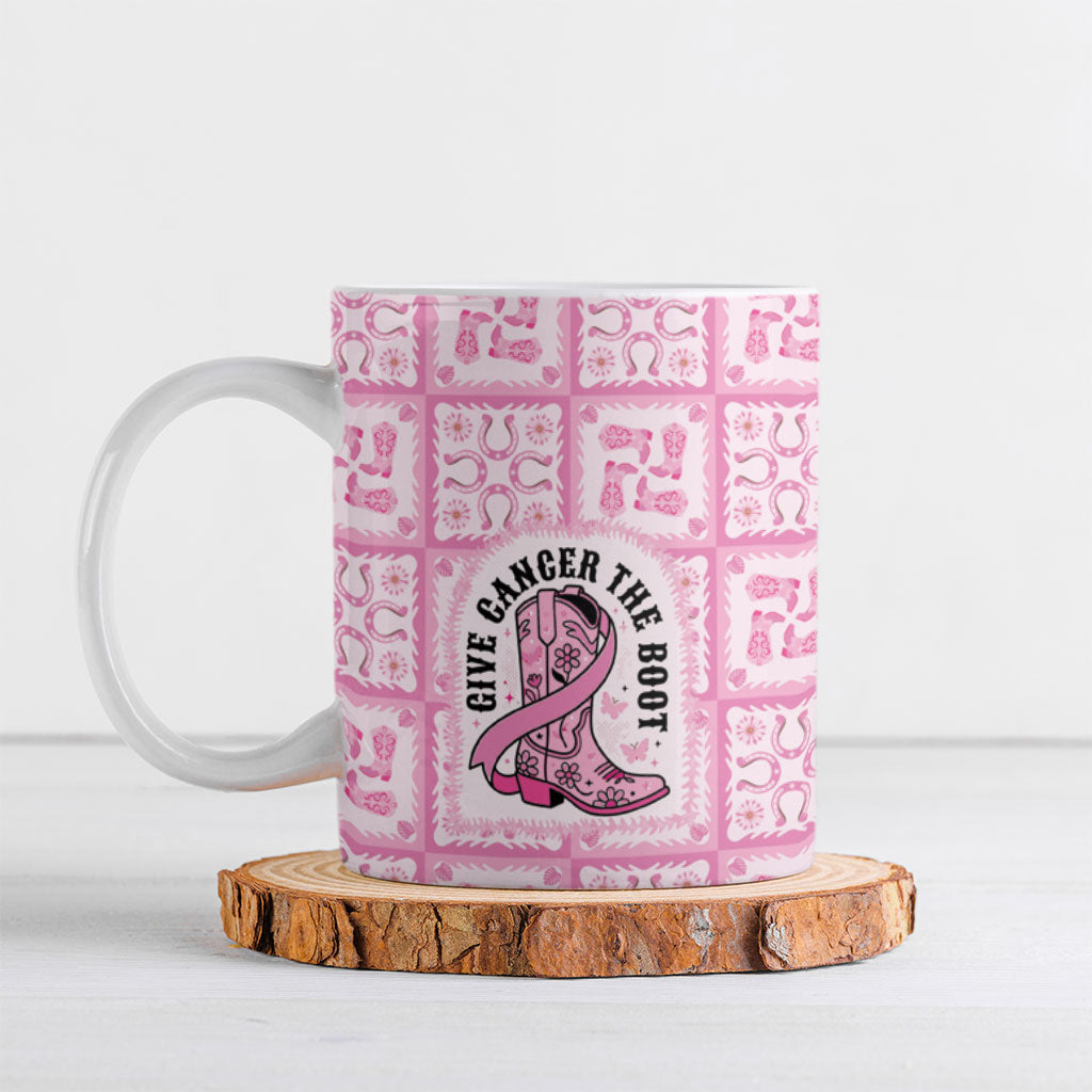 Give Cancer The Boot Pink Cowgirl Ceramic Mug Hawaiian Paniolo Mixed Quilt Pattern Style LT9 Pink - Polynesian Pride