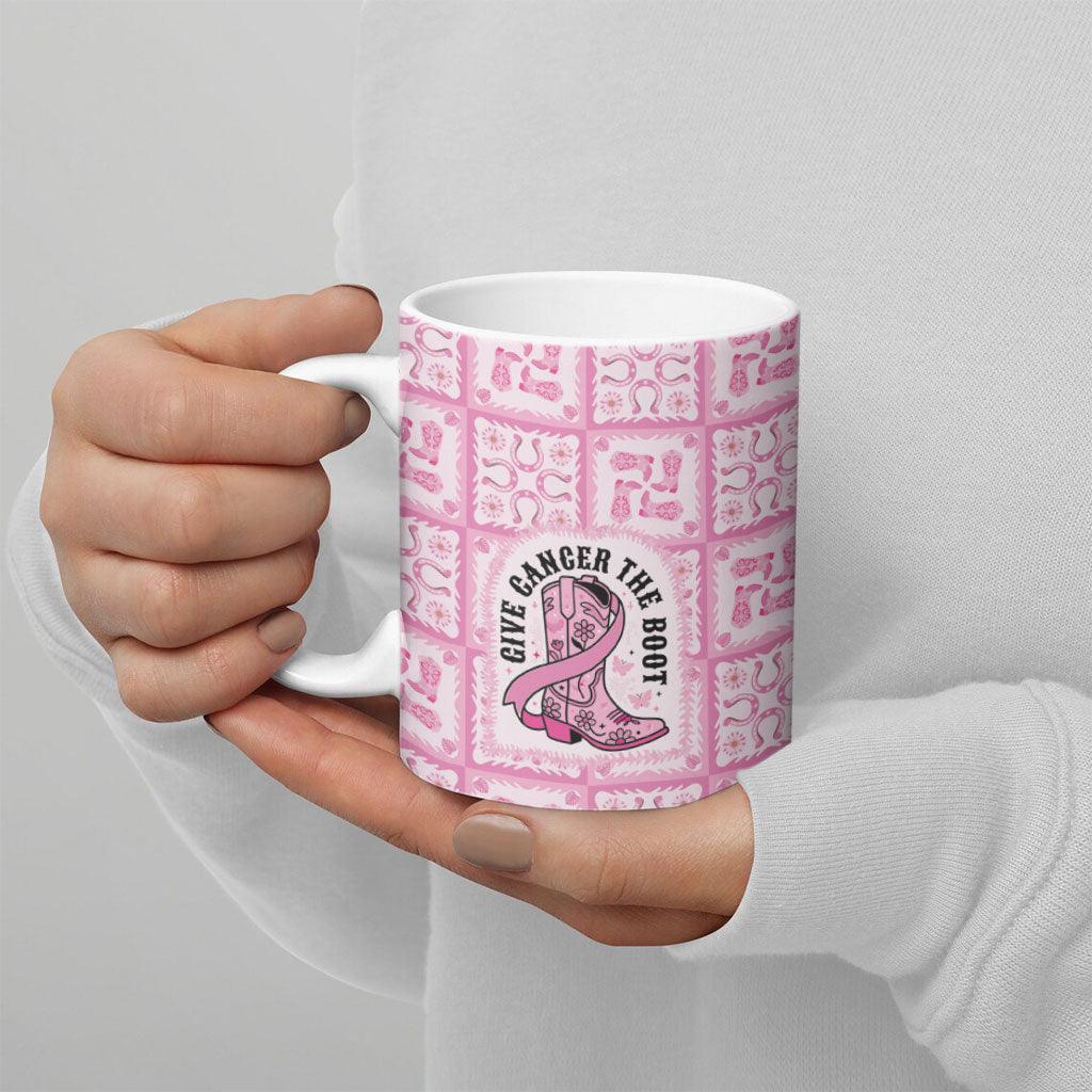 Give Cancer The Boot Pink Cowgirl Ceramic Mug Hawaiian Paniolo Mixed Quilt Pattern Style LT9 - Polynesian Pride