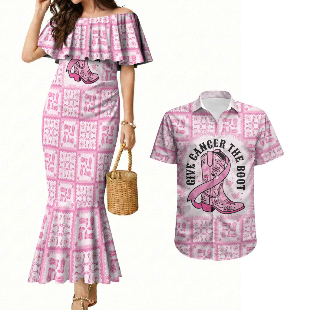 Give Cancer The Boot Pink Cowgirl Couples Matching Mermaid Dress and Hawaiian Shirt Hawaiian Paniolo Mixed Quilt Pattern Style LT9 Pink - Polynesian Pride