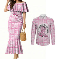Give Cancer The Boot Pink Cowgirl Couples Matching Mermaid Dress and Long Sleeve Button Shirt Hawaiian Paniolo Mixed Quilt Pattern Style LT9 Pink - Polynesian Pride