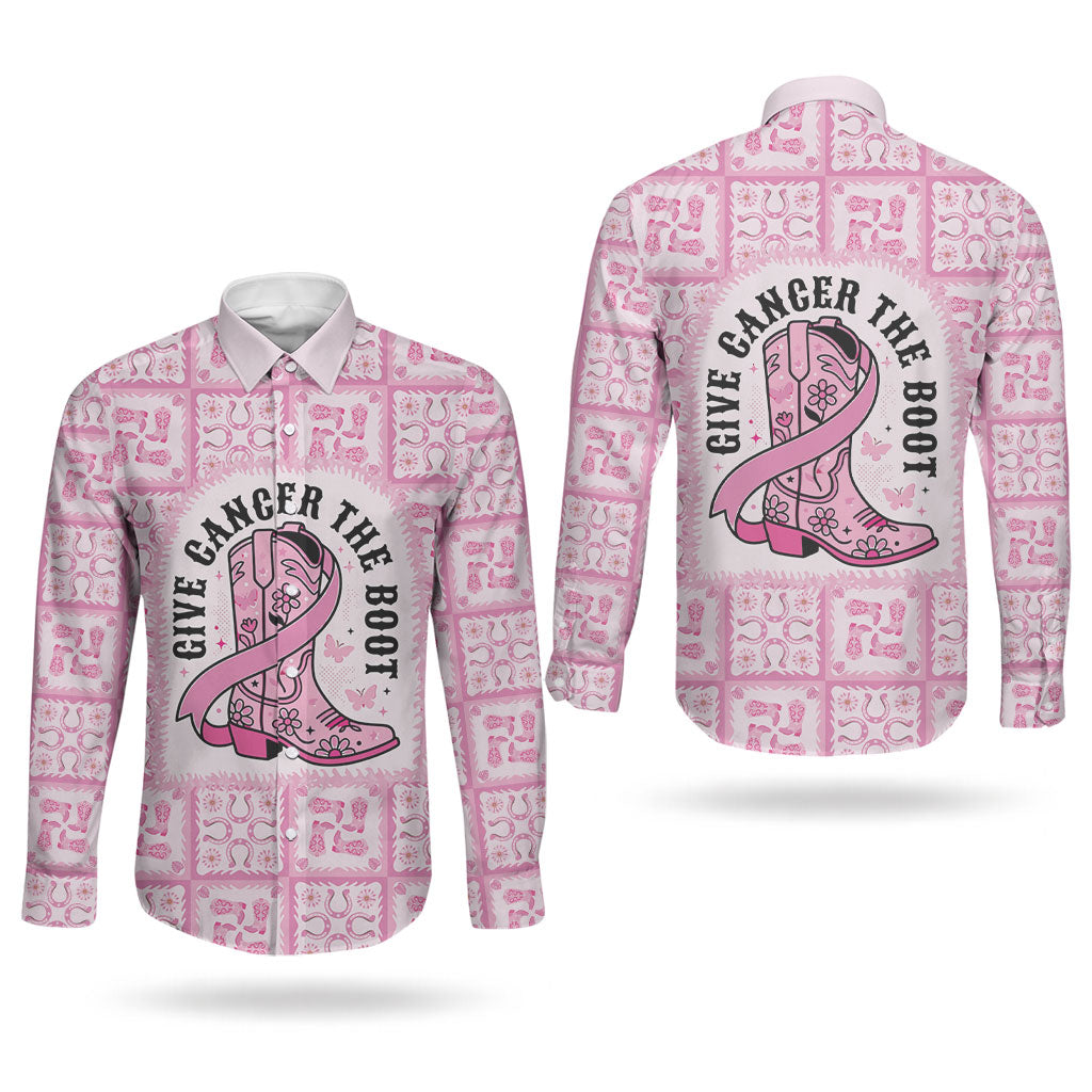 Give Cancer The Boot Pink Cowgirl Couples Matching Mermaid Dress and Long Sleeve Button Shirt Hawaiian Paniolo Mixed Quilt Pattern Style LT9 - Polynesian Pride