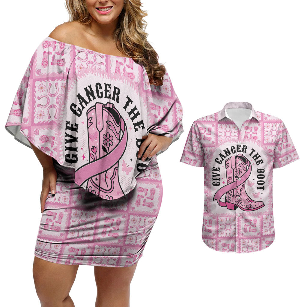 Give Cancer The Boot Pink Cowgirl Couples Matching Off Shoulder Short Dress and Hawaiian Shirt Hawaiian Paniolo Mixed Quilt Pattern Style