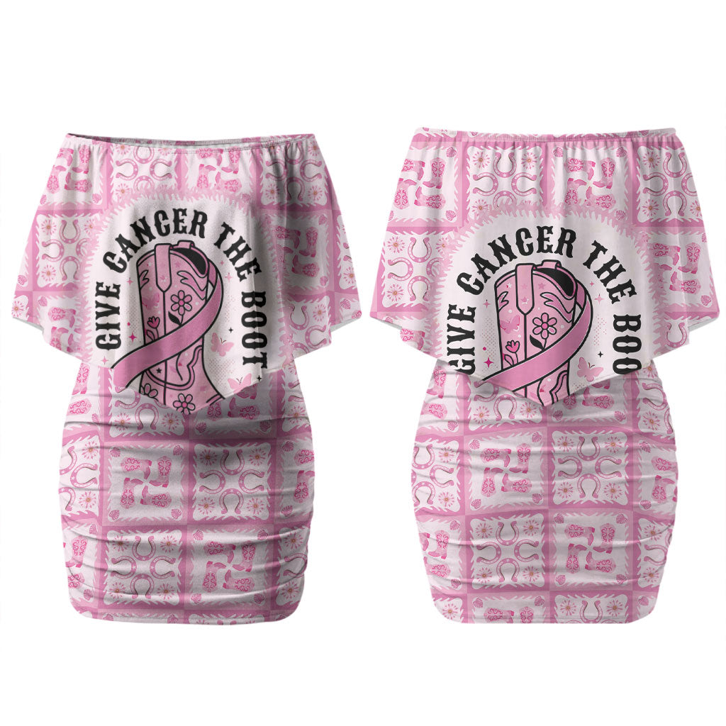 Give Cancer The Boot Pink Cowgirl Couples Matching Off Shoulder Short Dress and Hawaiian Shirt Hawaiian Paniolo Mixed Quilt Pattern Style LT9 - Polynesian Pride