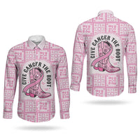 Give Cancer The Boot Pink Cowgirl Couples Matching Off Shoulder Short Dress and Long Sleeve Button Shirt Hawaiian Paniolo Mixed Quilt Pattern Style LT9 - Polynesian Pride