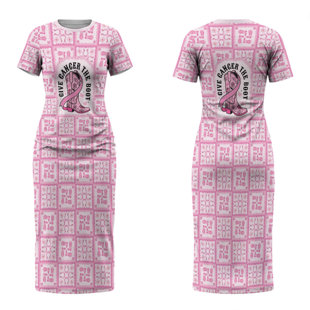 Give Cancer The Boot Pink Cowgirl Couples Matching Short Sleeve Bodycon Dress and Long Sleeve Button Shirt Hawaiian Paniolo Mixed Quilt Pattern Style LT9 - Polynesian Pride
