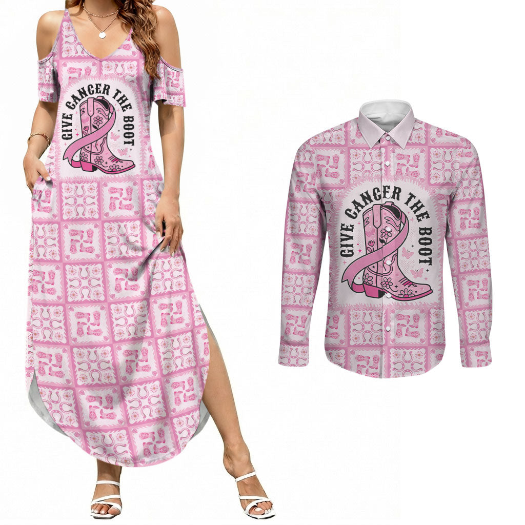 Give Cancer The Boot Pink Cowgirl Couples Matching Summer Maxi Dress and Long Sleeve Button Shirt Hawaiian Paniolo Mixed Quilt Pattern Style LT9 Pink - Polynesian Pride