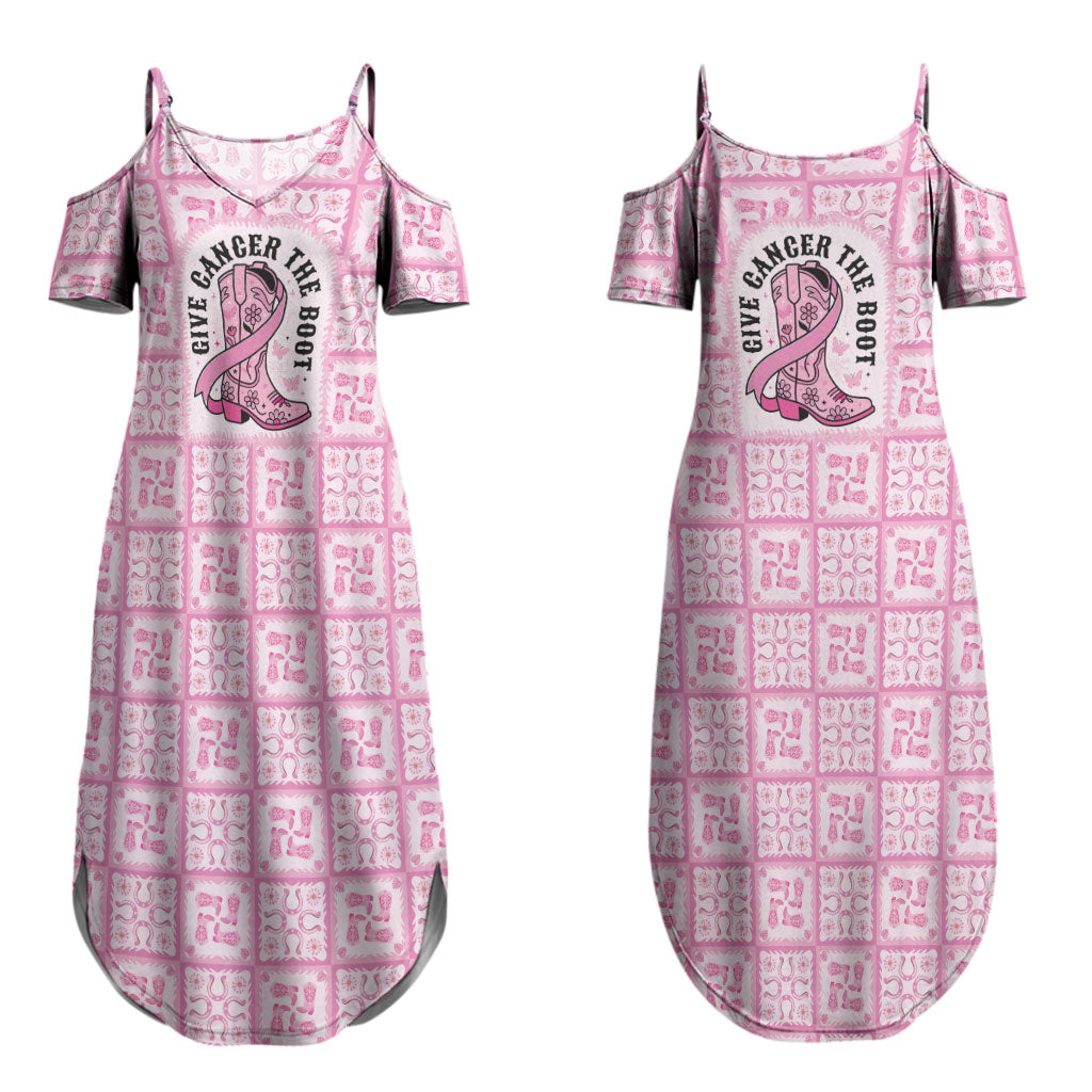Give Cancer The Boot Pink Cowgirl Couples Matching Summer Maxi Dress and Long Sleeve Button Shirt Hawaiian Paniolo Mixed Quilt Pattern Style LT9 - Polynesian Pride