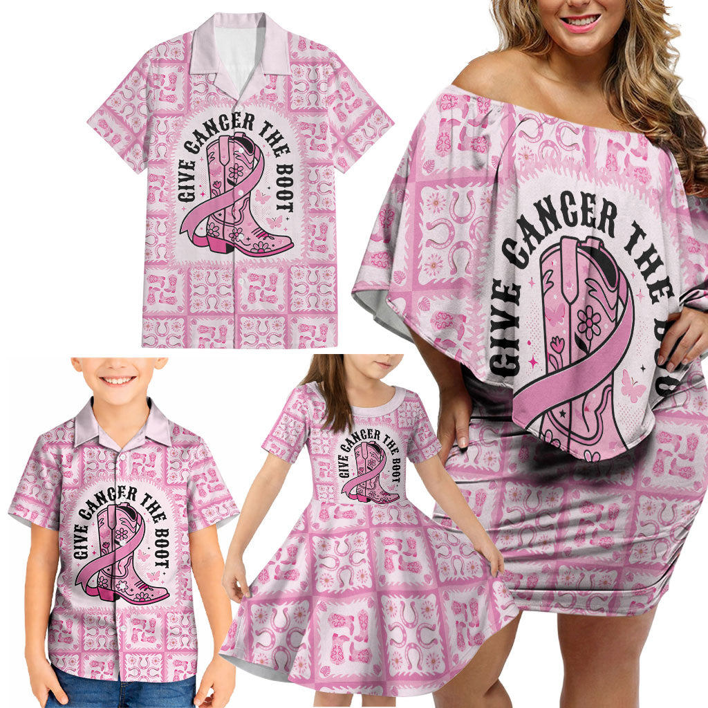 Give Cancer The Boot Pink Cowgirl Family Matching Off Shoulder Short Dress and Hawaiian Shirt Hawaiian Paniolo Mixed Quilt Pattern Style LT9 - Polynesian Pride