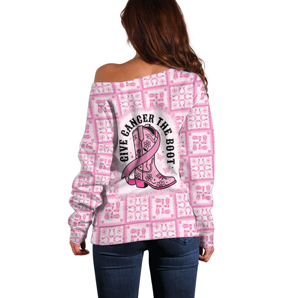 Give Cancer The Boot Pink Cowgirl Off Shoulder Sweater Hawaiian Paniolo Mixed Quilt Pattern Style LT9 - Polynesian Pride