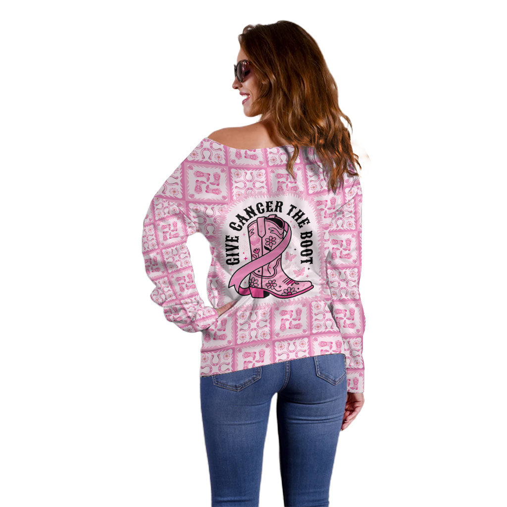 Give Cancer The Boot Pink Cowgirl Off Shoulder Sweater Hawaiian Paniolo Mixed Quilt Pattern Style LT9 - Polynesian Pride
