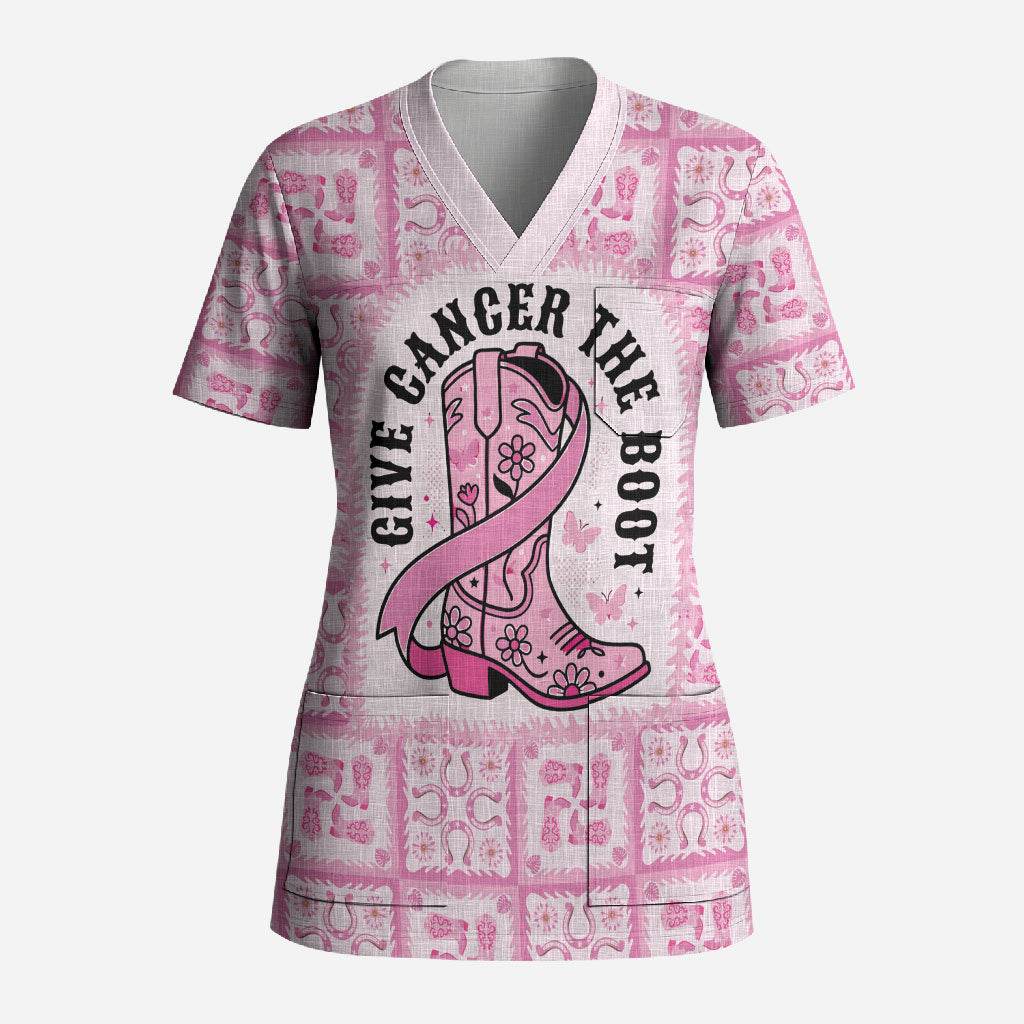 Give Cancer The Boot Pink Cowgirl Scrub Top Hawaiian Paniolo Mixed Quilt Pattern Style