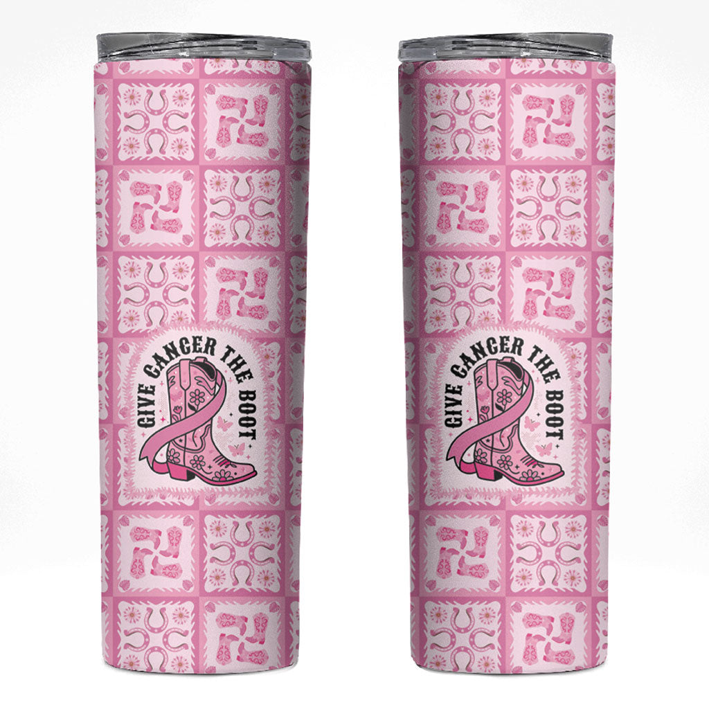 Give Cancer The Boot Pink Cowgirl Skinny Tumbler Hawaiian Paniolo Mixed Quilt Pattern Style LT9 Pink - Polynesian Pride