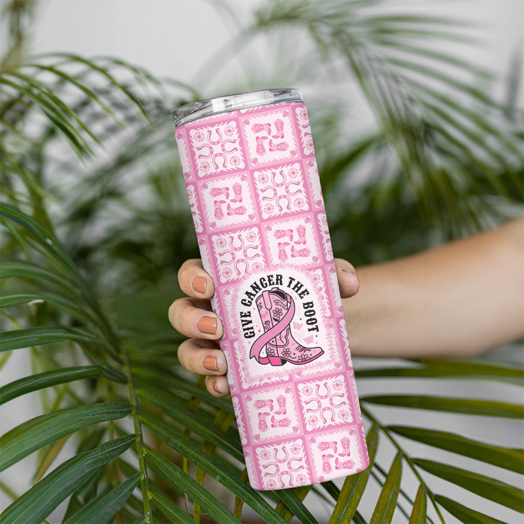Give Cancer The Boot Pink Cowgirl Skinny Tumbler Hawaiian Paniolo Mixed Quilt Pattern Style LT9 - Polynesian Pride