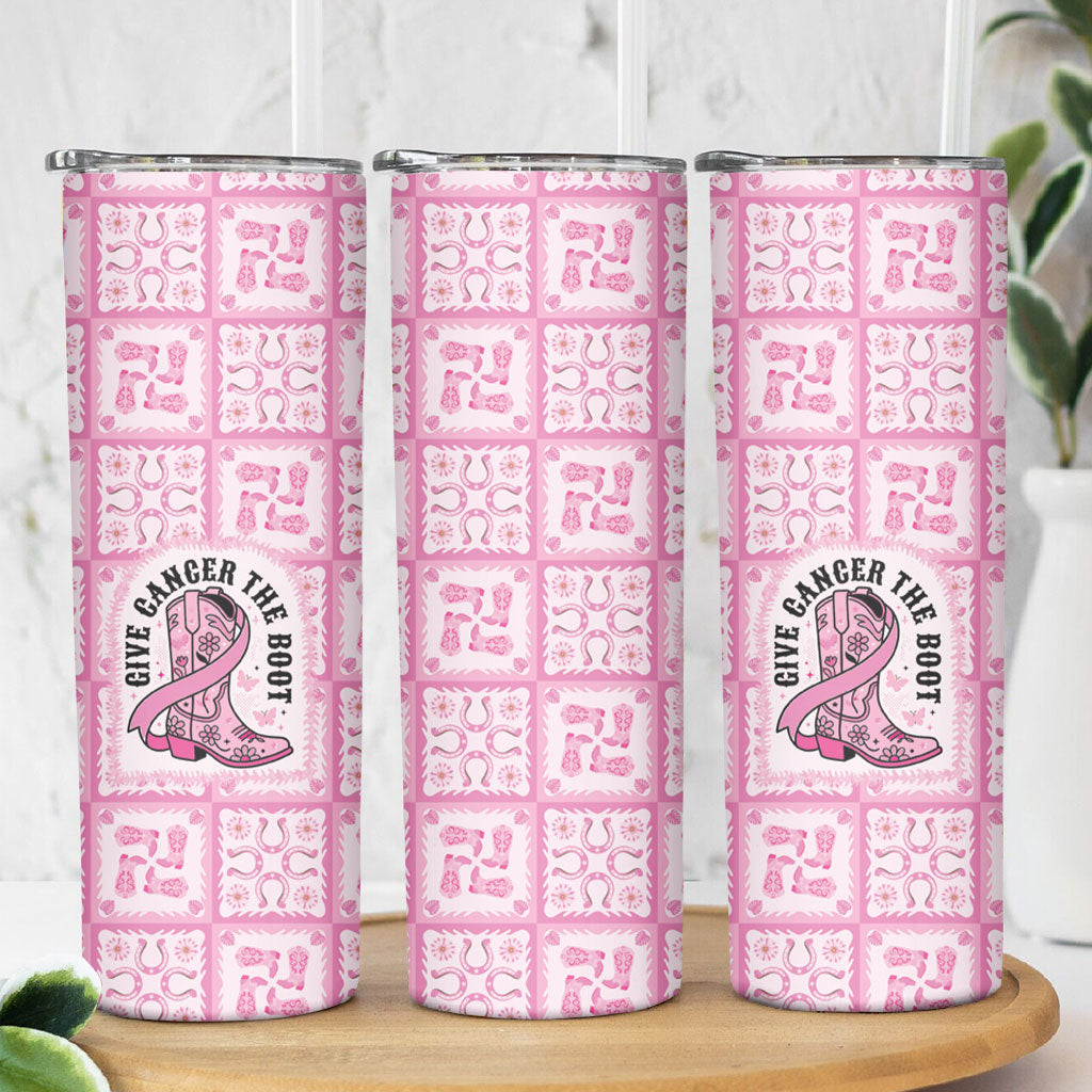 Give Cancer The Boot Pink Cowgirl Skinny Tumbler Hawaiian Paniolo Mixed Quilt Pattern Style LT9 - Polynesian Pride