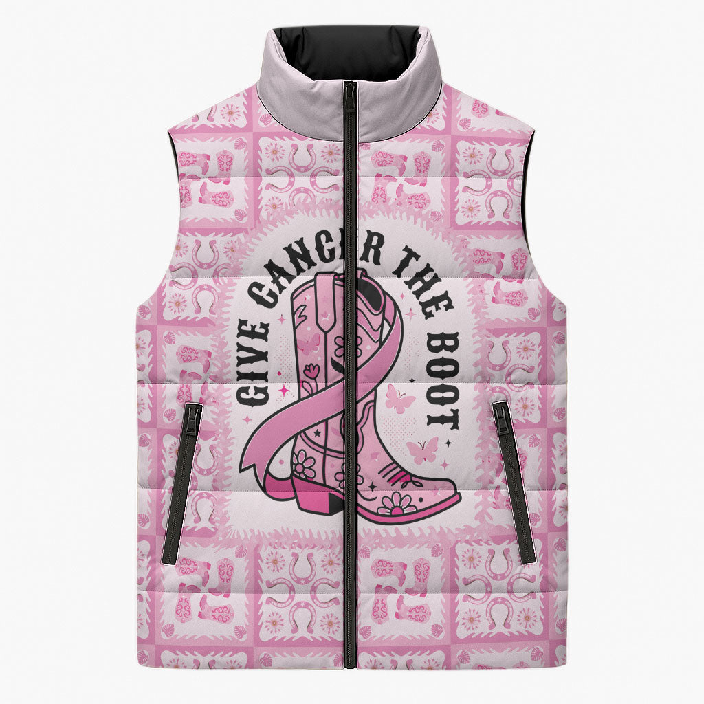 Give Cancer The Boot Pink Cowgirl Sleeveless Puffer Jacket Hawaiian Paniolo Mixed Quilt Pattern Style
