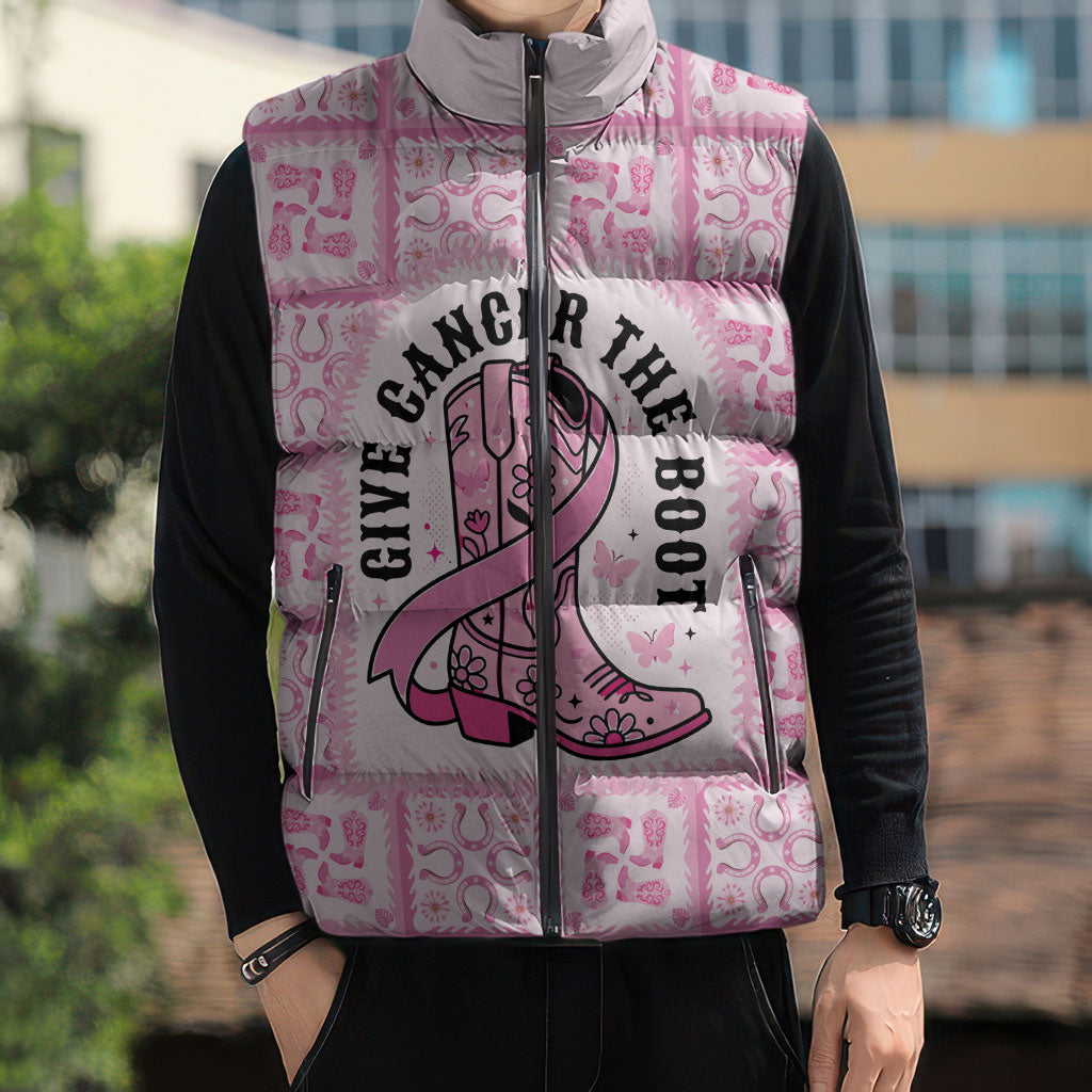 Give Cancer The Boot Pink Cowgirl Sleeveless Puffer Jacket Hawaiian Paniolo Mixed Quilt Pattern Style LT9 - Polynesian Pride
