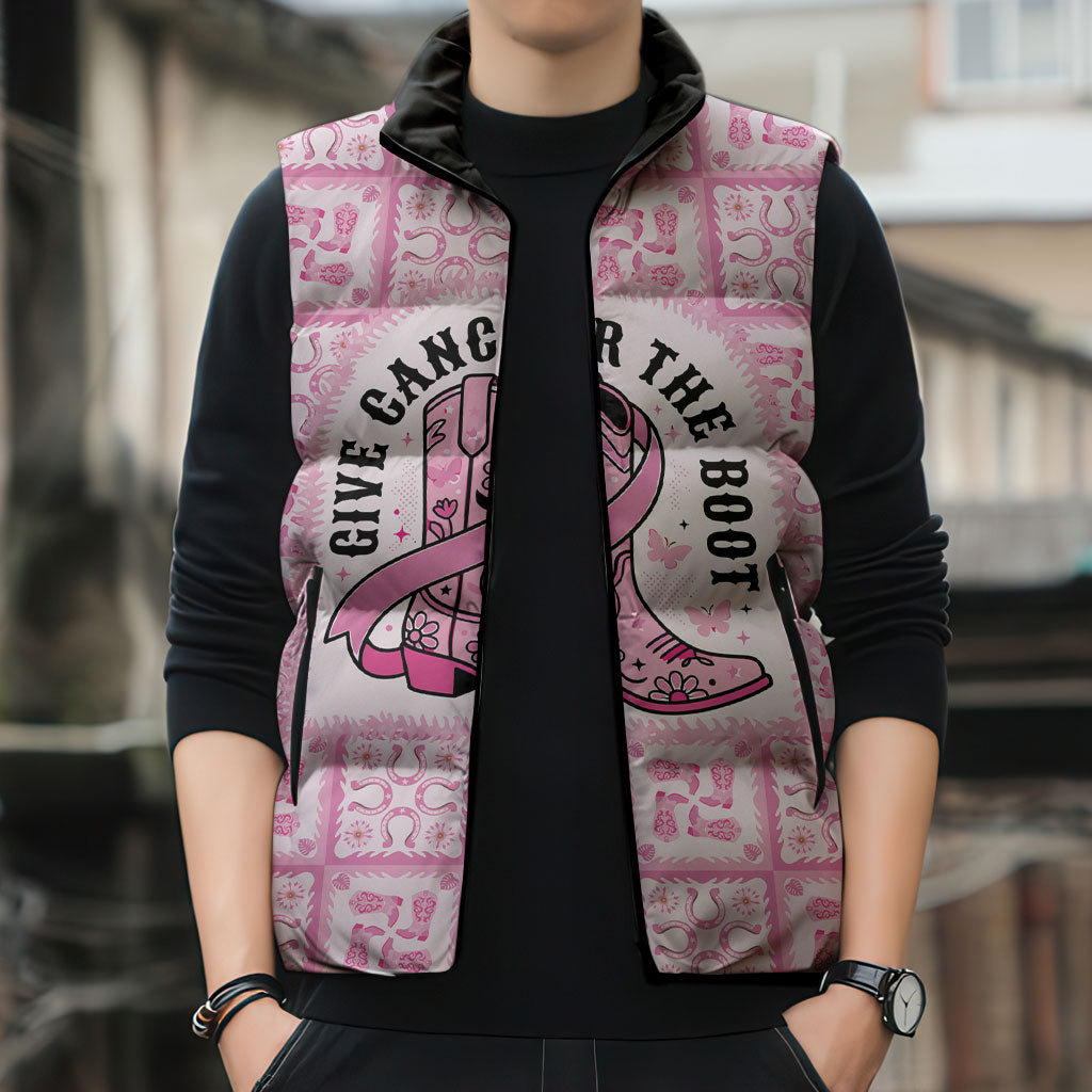 Give Cancer The Boot Pink Cowgirl Sleeveless Puffer Jacket Hawaiian Paniolo Mixed Quilt Pattern Style LT9 - Polynesian Pride