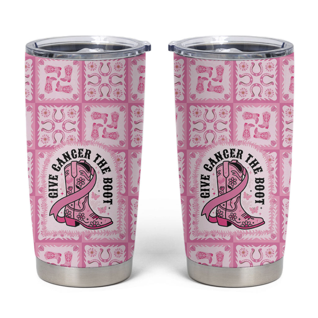 Give Cancer The Boot Pink Cowgirl Tumbler Cup Hawaiian Paniolo Mixed Quilt Pattern Style
