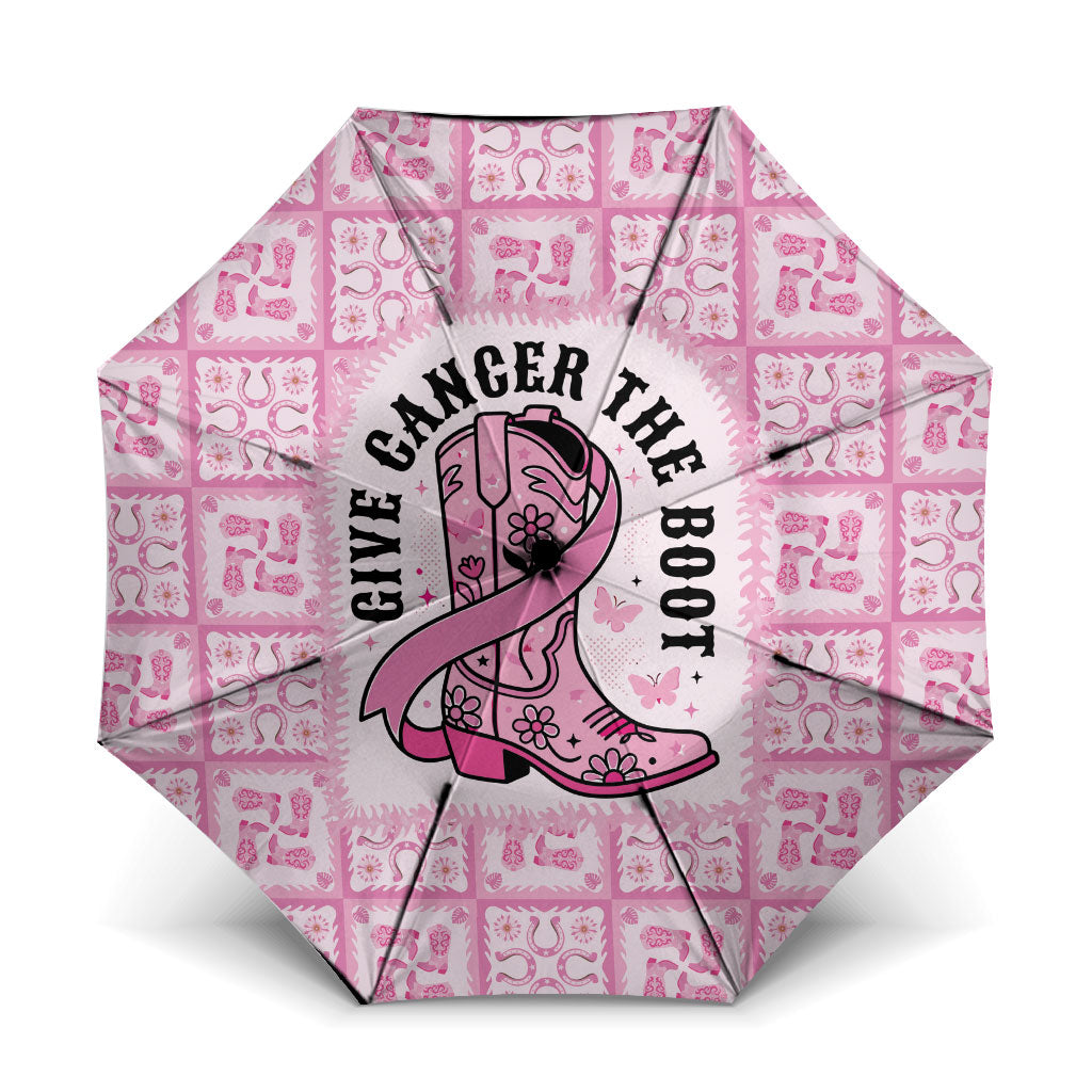 Give Cancer The Boot Pink Cowgirl Umbrella Hawaiian Paniolo Mixed Quilt Pattern Style LT9 One Size Folded 11.42 inch Opened Diameter 37.4 inch Pink - Polynesian Pride