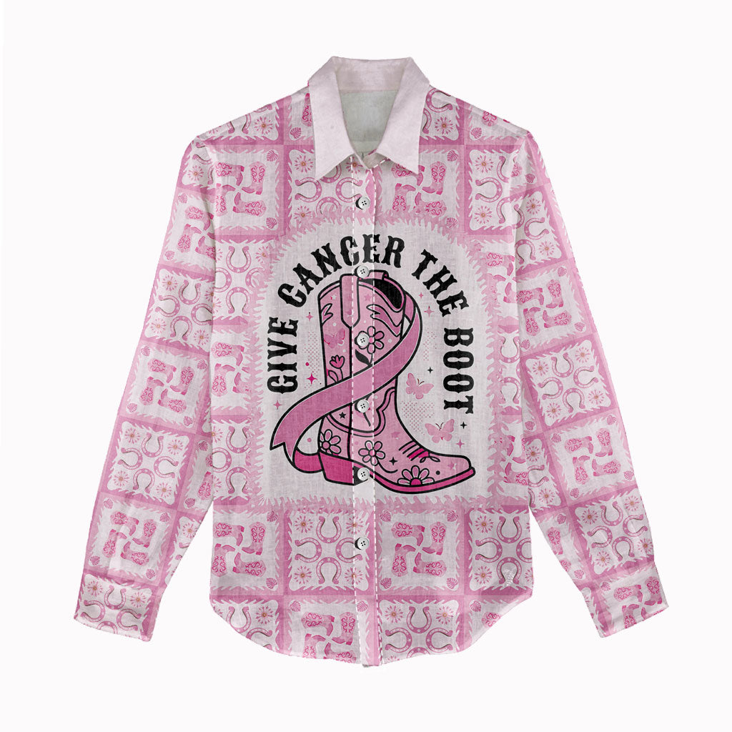 Give Cancer The Boot Pink Cowgirl Women Casual Shirt Hawaiian Paniolo Mixed Quilt Pattern Style LT9 - Polynesian Pride