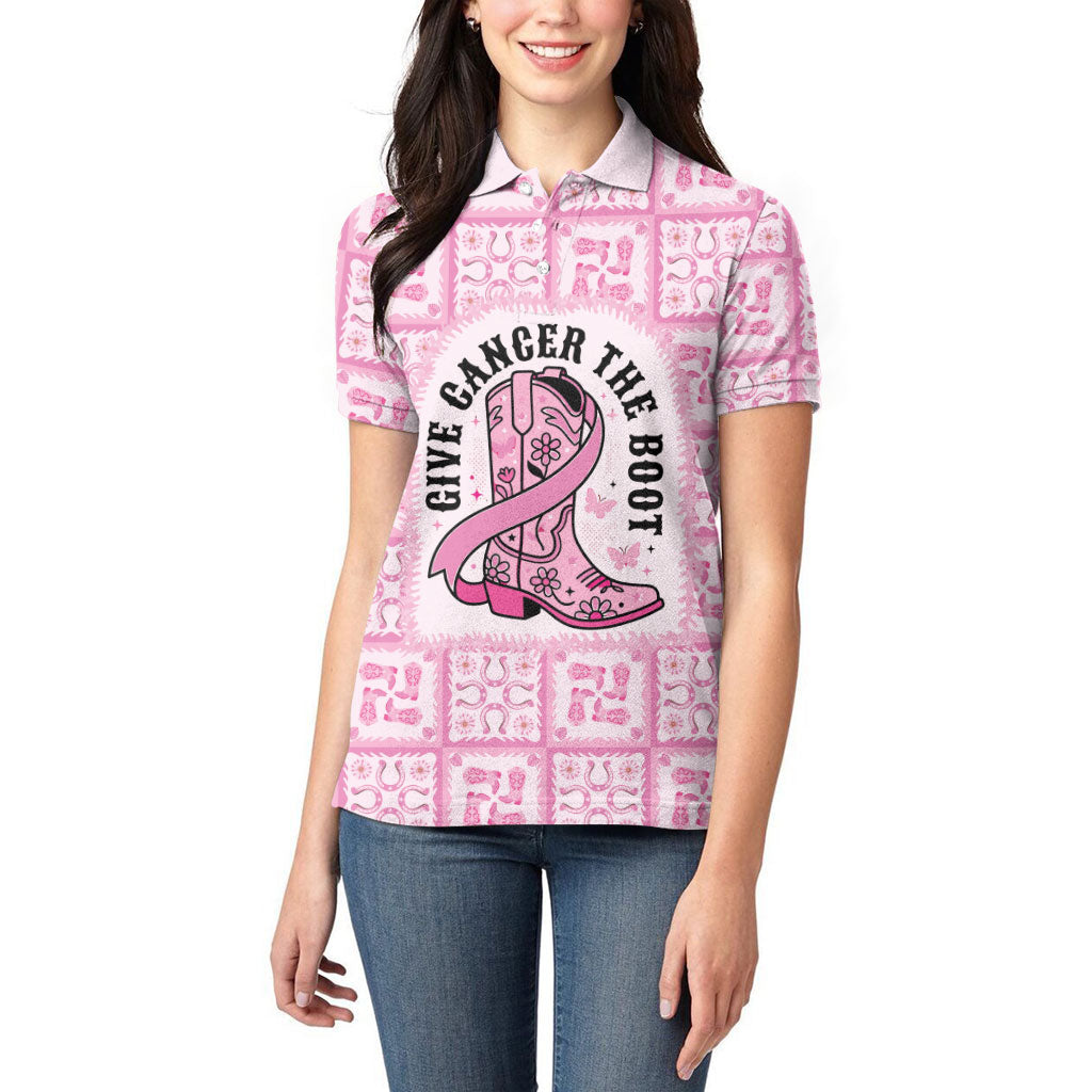 Give Cancer The Boot Pink Cowgirl Women Polo Shirt Hawaiian Paniolo Mixed Quilt Pattern Style LT9 - Polynesian Pride