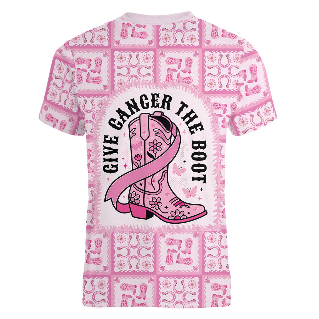 Give Cancer The Boot Pink Cowgirl Women V-Neck T-Shirt Hawaiian Paniolo Mixed Quilt Pattern Style LT9 - Polynesian Pride