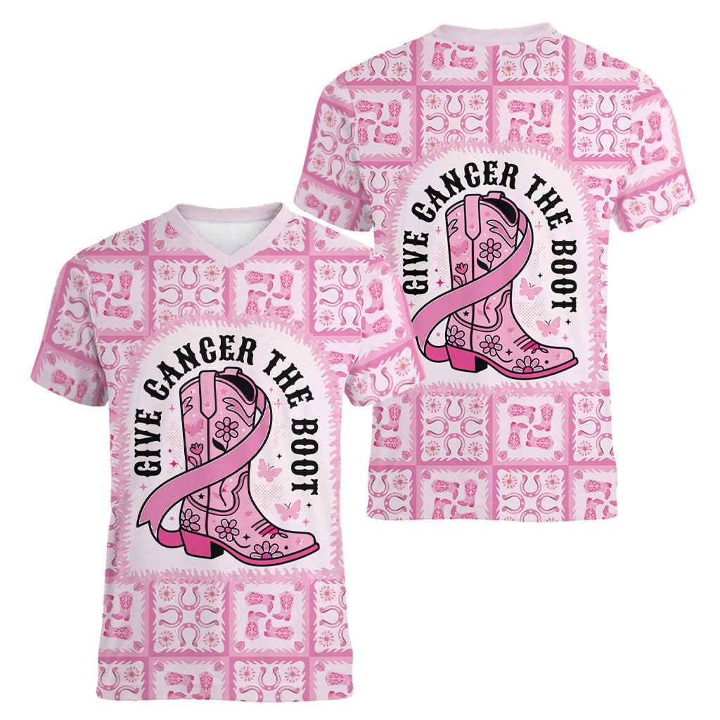 Give Cancer The Boot Pink Cowgirl Women V-Neck T-Shirt Hawaiian Paniolo Mixed Quilt Pattern Style LT9 - Polynesian Pride