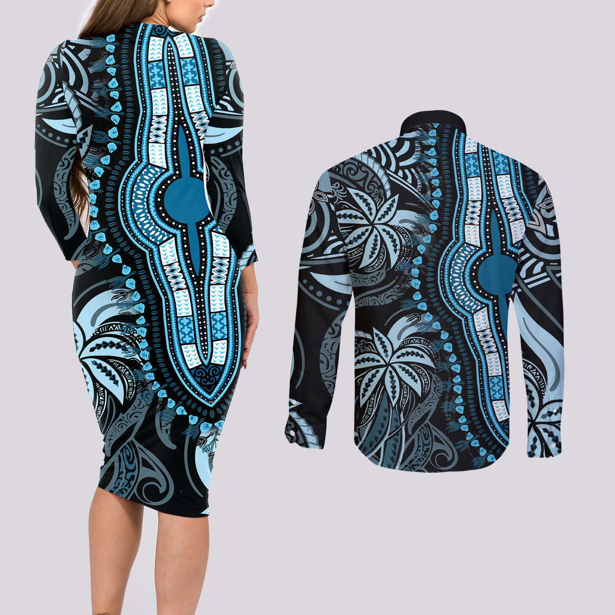 polynesia-dashiki-couples-matching-long-sleeve-bodycon-dress-and-long-sleeve-button-shirts-polynesia-and-africa-traditional-special-together-blue