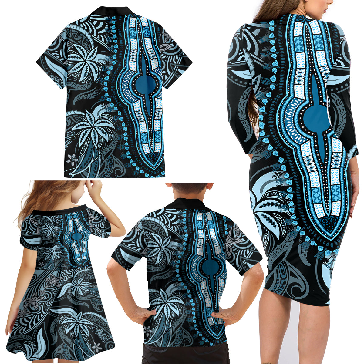 Polynesia Dashiki Family Matching Long Sleeve Bodycon Dress and Hawaiian Shirt Polynesia and Africa Traditional Special Together Blue LT9 - Polynesian Pride