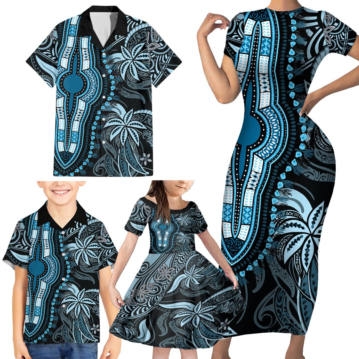 Polynesia Dashiki Family Matching Short Sleeve Bodycon Dress and Hawaiian Shirt Polynesia and Africa Traditional Special Together Blue LT9 - Polynesian Pride