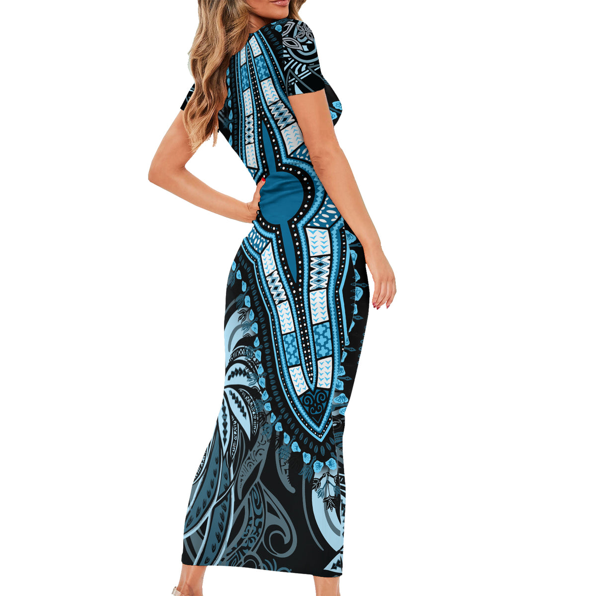 Polynesia Dashiki Family Matching Short Sleeve Bodycon Dress and Hawaiian Shirt Polynesia and Africa Traditional Special Together Blue LT9 - Polynesian Pride