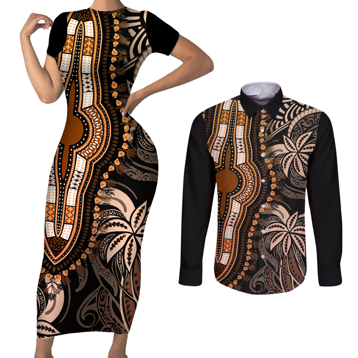 polynesia-dashiki-couples-matching-short-sleeve-bodycon-dress-and-long-sleeve-button-shirts-polynesia-and-africa-traditional-special-together-gold