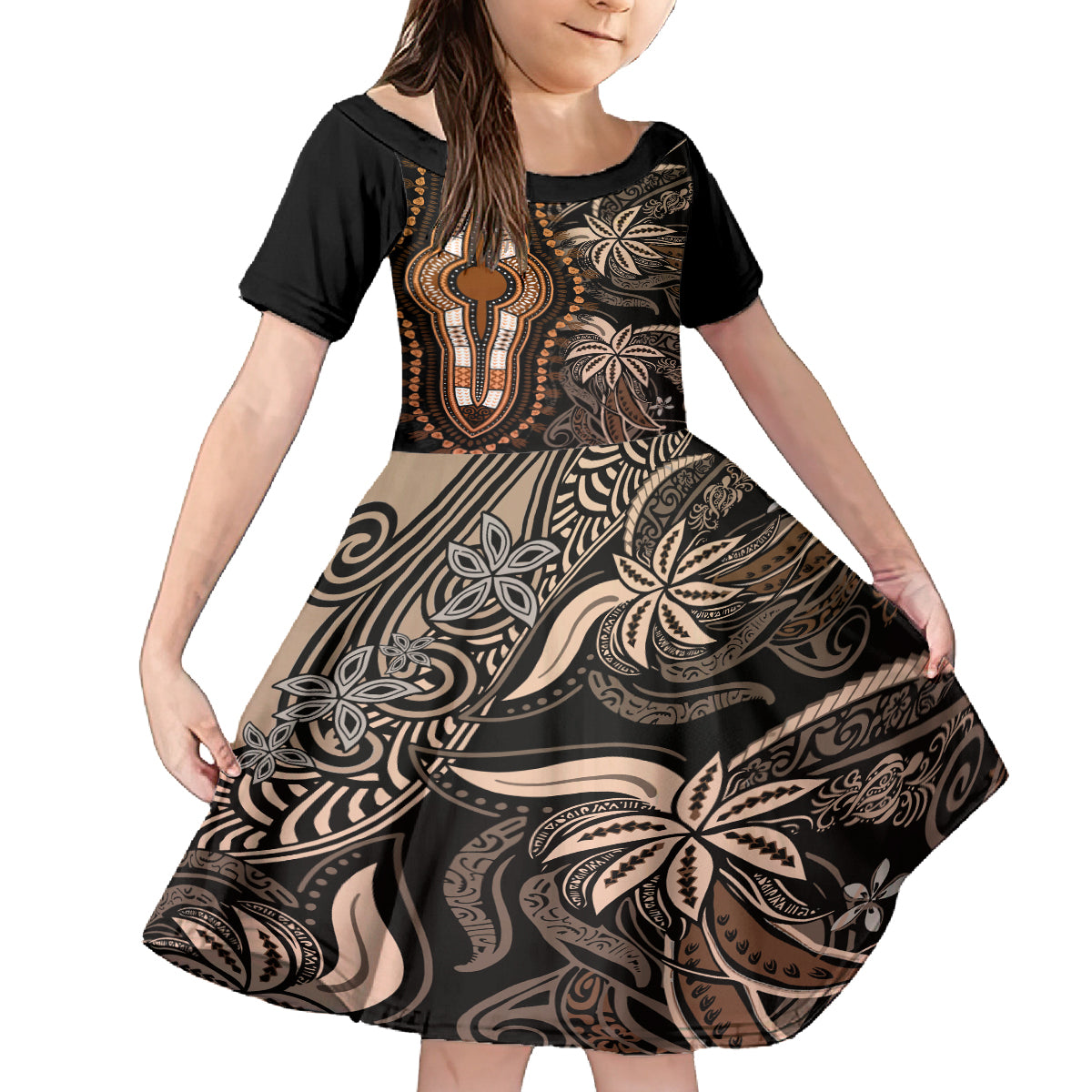 Polynesia Dashiki Family Matching Long Sleeve Bodycon Dress and Hawaiian Shirt Polynesia and Africa Traditional Special Together Gold LT9 Daughter's Dress Gold - Polynesian Pride
