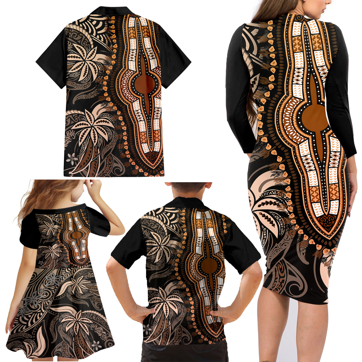 Polynesia Dashiki Family Matching Long Sleeve Bodycon Dress and Hawaiian Shirt Polynesia and Africa Traditional Special Together Gold LT9 - Polynesian Pride