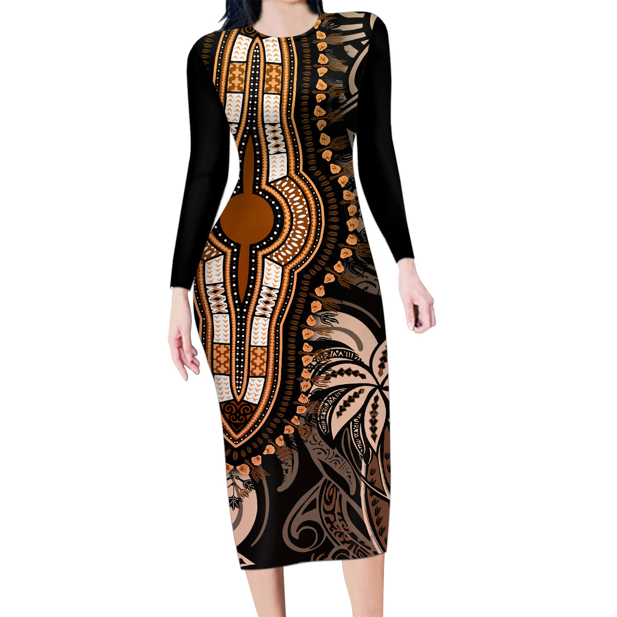 Polynesia Dashiki Family Matching Long Sleeve Bodycon Dress and Hawaiian Shirt Polynesia and Africa Traditional Special Together Gold LT9 Mom's Dress Gold - Polynesian Pride