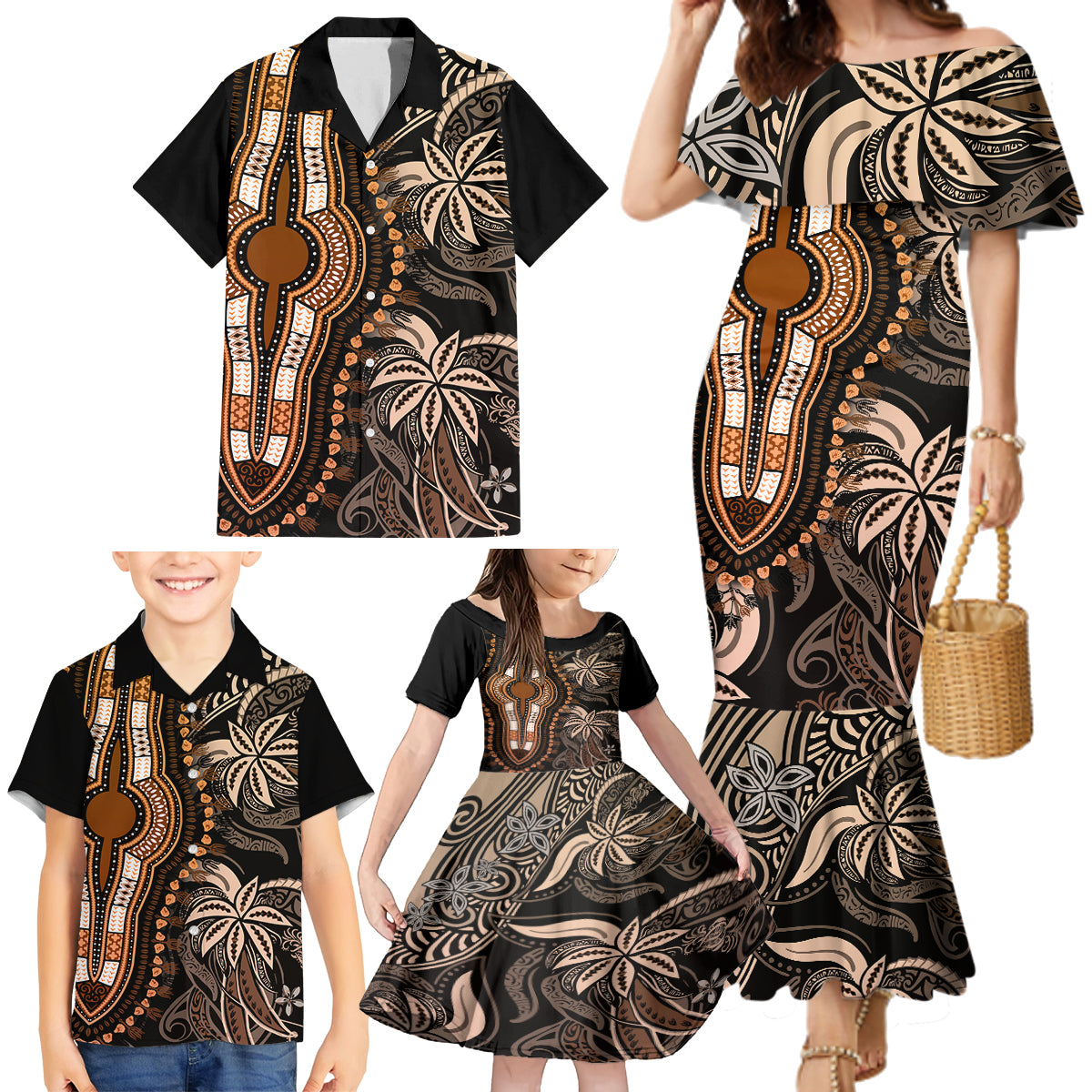 Polynesia Dashiki Family Matching Mermaid Dress and Hawaiian Shirt Polynesia and Africa Traditional Special Together Gold LT9 - Polynesian Pride