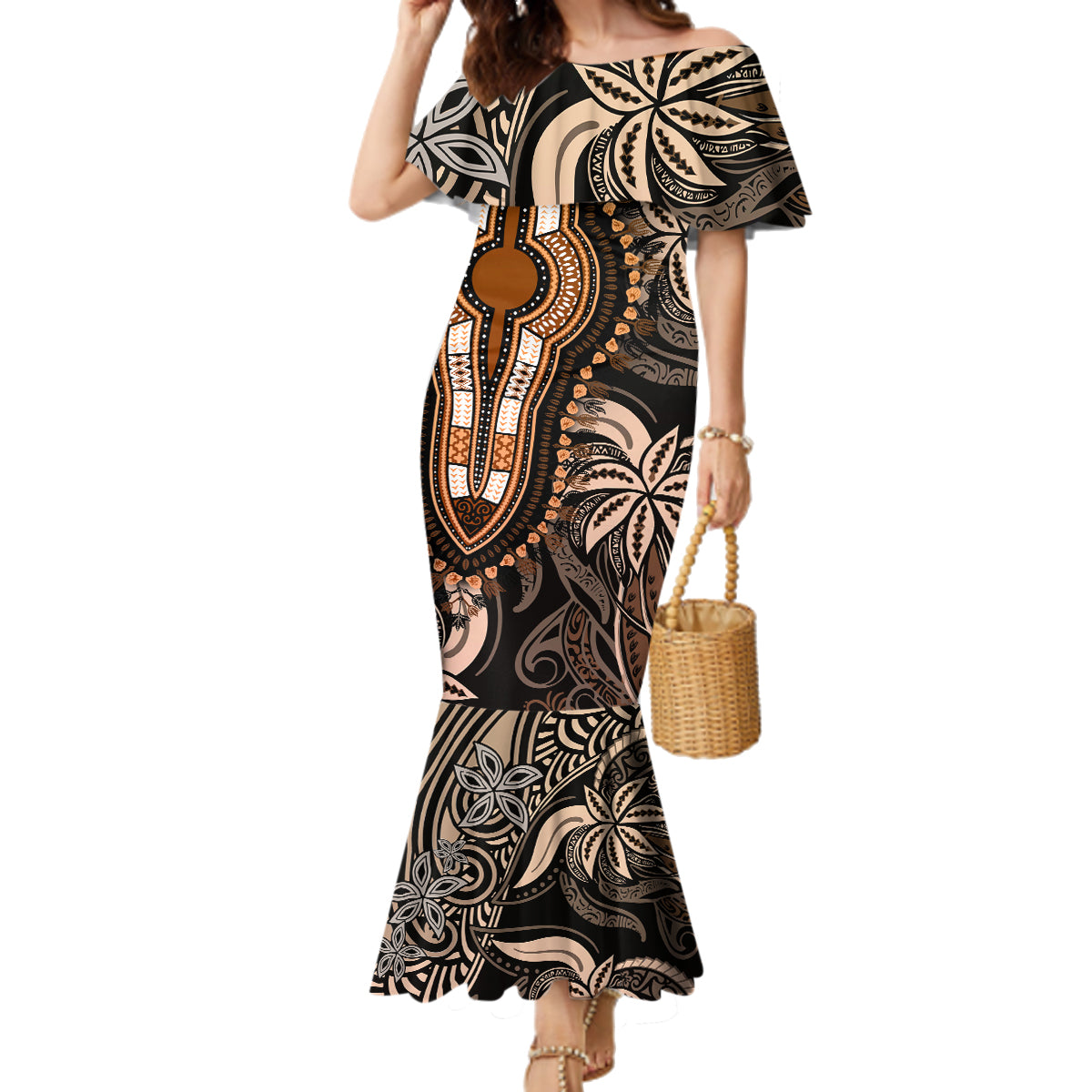 Polynesia Dashiki Family Matching Mermaid Dress and Hawaiian Shirt Polynesia and Africa Traditional Special Together Gold LT9 Mom's Dress Gold - Polynesian Pride